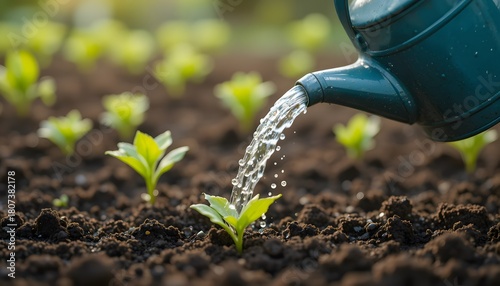  Macro of a watering can pouring a thin stream of water onto newly planted soil.