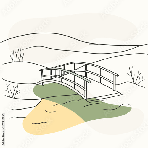 Minimalist bridge illustration over a river in a serene landscape scene