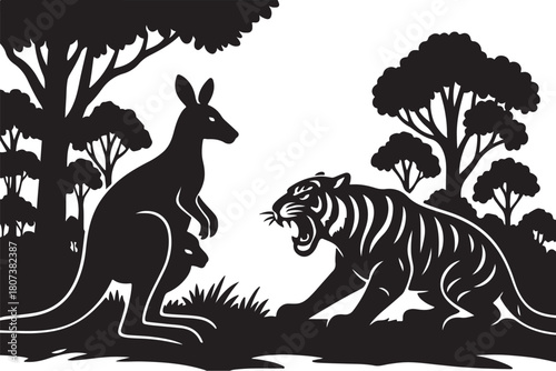 Kangaroo and Royal Bengal Tiger Vector Art Illustration