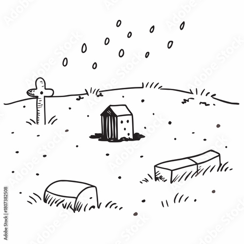 Monochrome drawing of a graveyard with tombstones and a small building