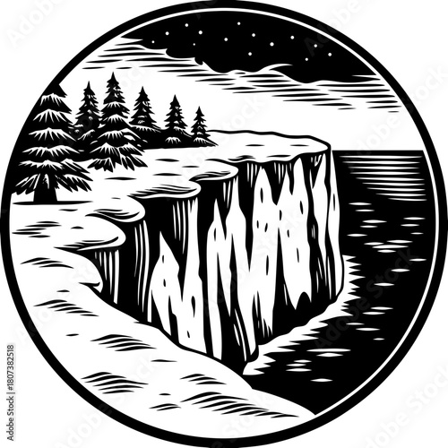 Monochrome illustration of a cliffside landscape with trees and ocean view