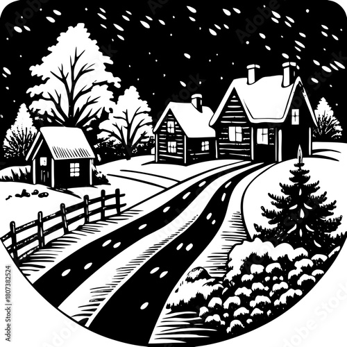 Monochrome winter scene with snowcovered houses and trees at nighttime