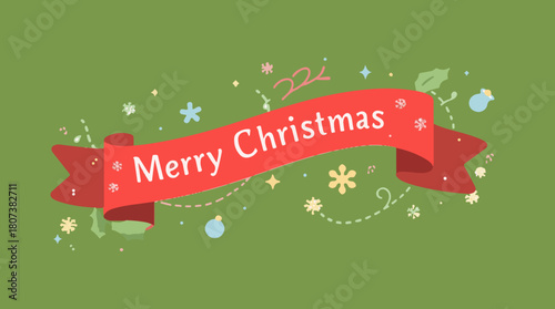 Vector template featuring a ribbon element with a Christmas theme, designed in a flat style, incorporating bold lines, minimalist shapes, and vibrant colors