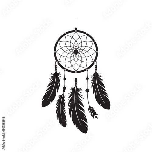 Black dreamcatcher with feathers and beads on white background