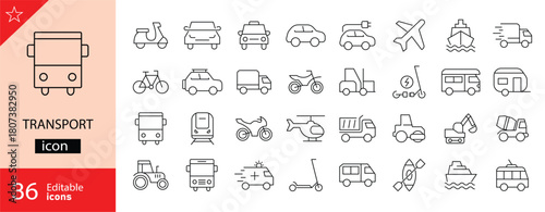 Transport icons set. Includes symbols of vehicles, roads, shipping, travel routes, logistics, and public transportation. Editable stroke. Vector illustration. Outline icons. Perfect for transportation