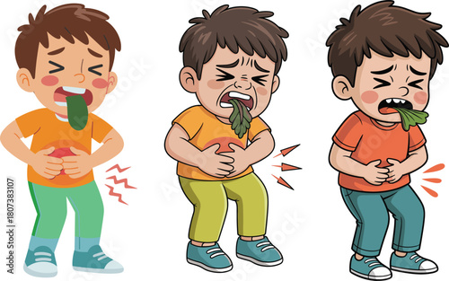 Cartoon sick boy holding stomach while vomiting, child feeling nausea and stomach pain, illness symptoms illustration for healthcare and education