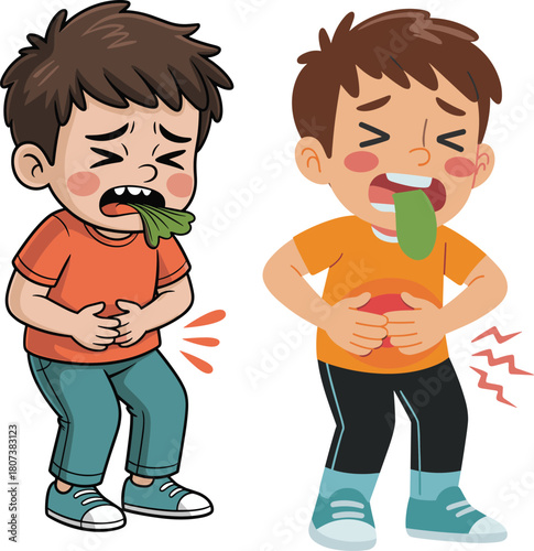 Cartoon sick boy holding stomach while vomiting, child feeling nausea and stomach pain, illness symptoms illustration for healthcare and education