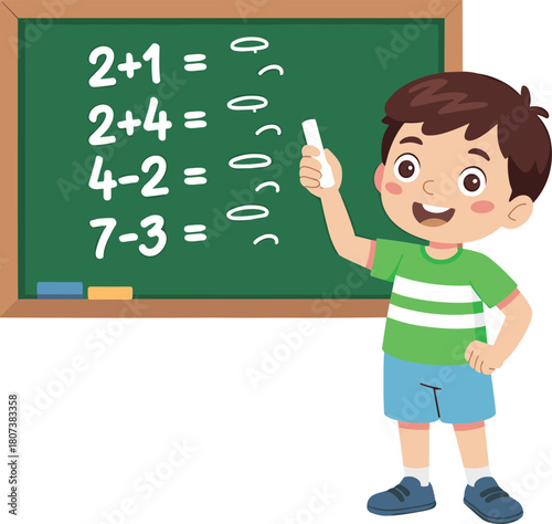 Cartoon boy solving math problems on chalkboard, happy child learning arithmetic in classroom, educational school illustration for kids learning