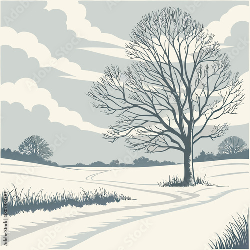 Winter landscape with bare tree and snowcovered field under cloudy sky