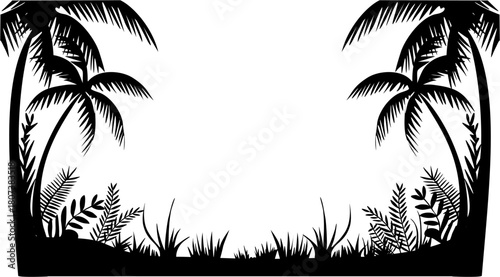 Black and white vector silhouette of a tropical palm tree landscape with symmetrical palms, detailed fronds, and tropical plants forming a natural frame on transparent background