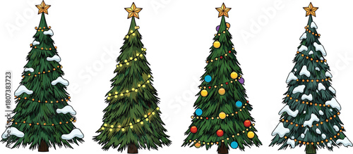 Festive Christmas Pine Trees Collection with Lights Ornaments and Snowy Effect, Perfect for Holiday Season Decoration and Winter Design Elements.