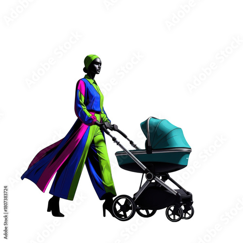 Futuristic mother pushing a stroller isolated on transparent background