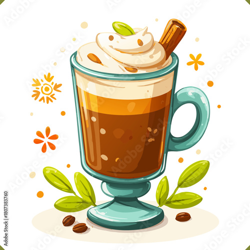 Vector illustration of a tall glass of Irish coffee with whipped cream, cinnamon stick, star anise, isolated on a white background. Vector illustration of winter beverage on white background