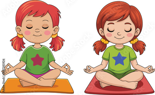 Calm cartoon girl practicing yoga meditation on mat, peaceful child sitting cross legged in mindfulness pose, relaxing kids wellness illustration
