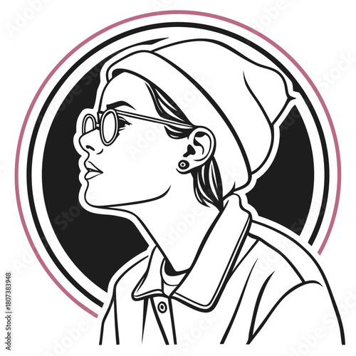 Woman with beanie and glasses in circle isolated on, portrait