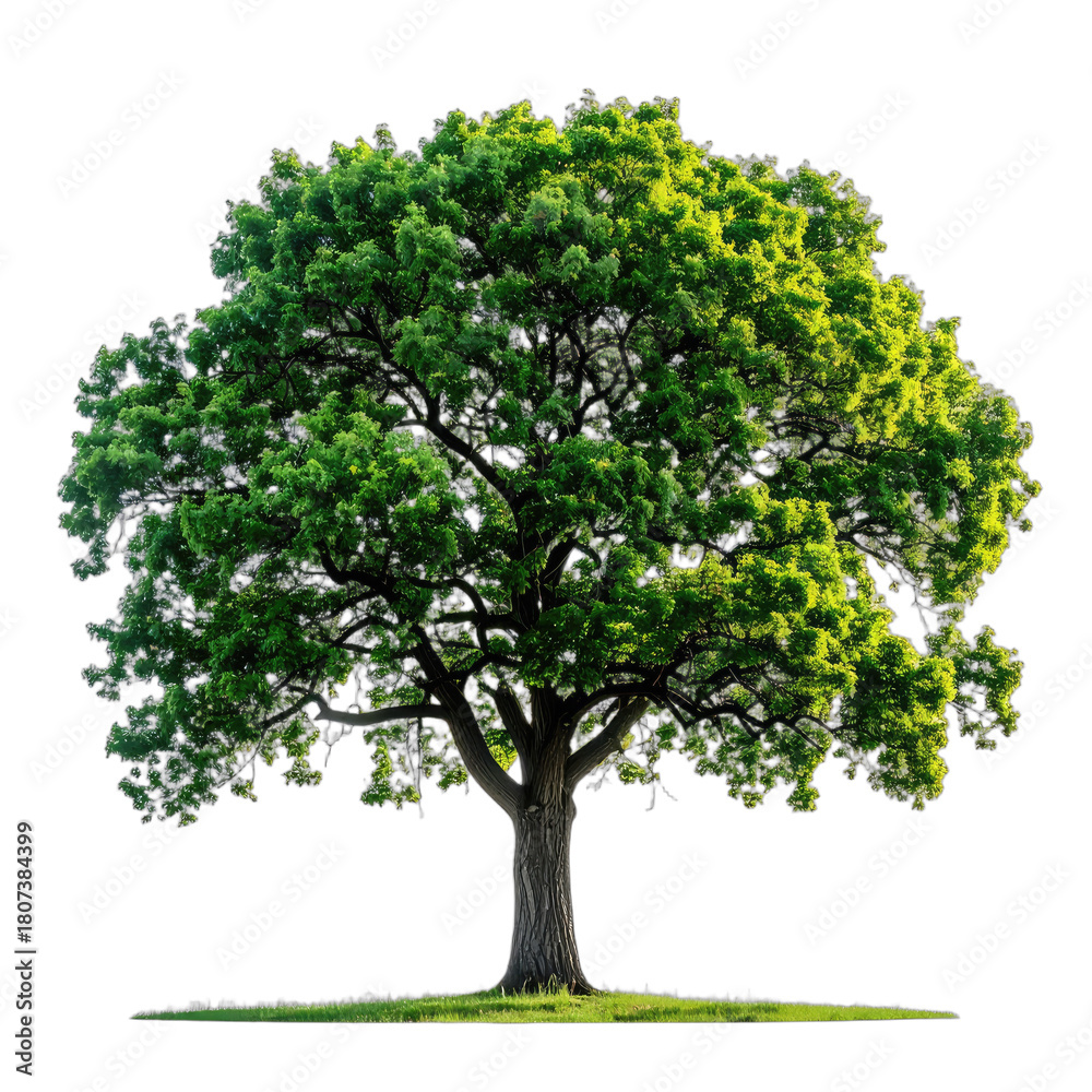 Obraz premium A vibrant green tree stands majestically with lush foliage and a sturdy trunk, set against a stark black background.