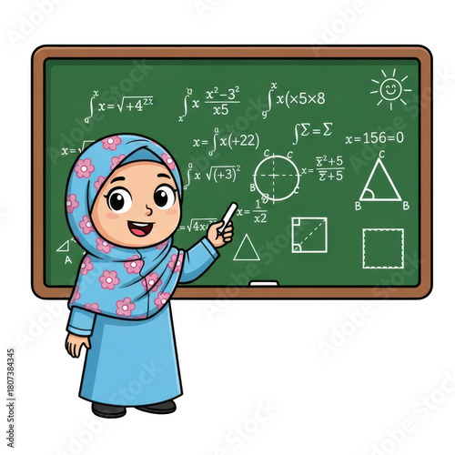 Cute muslim girl in hijab teaching math on a blackboard isolated on transparent background