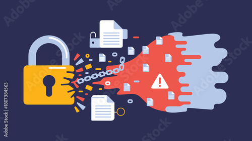 broken padlock symbolizing a data breach, vector illustration for cybersecurity threat, information leak, and digital vulnerability