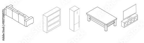 Isometric outline illustration of living room furniture isolated on transparent background showcasing a sofa, bookcase, refrigerator, table, and tv stand for interior design.