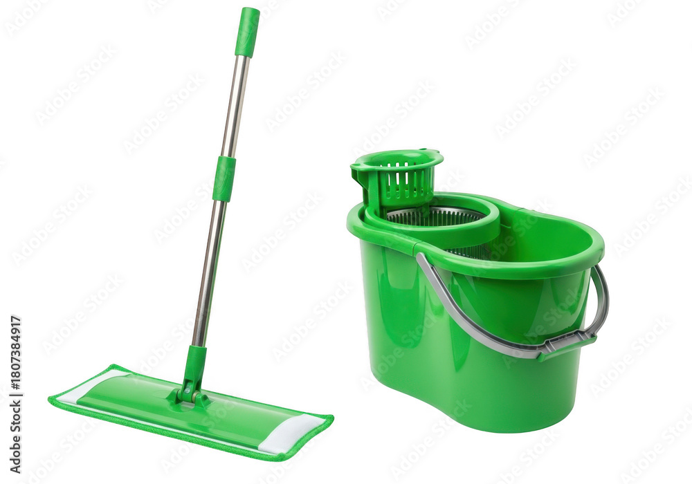Fototapeta premium Green mop and bucket cleaning tool isolated on transparent background
