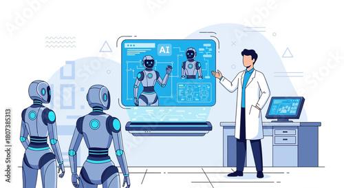 Doctor Demonstrating AI Robot Technology to Robots in Laboratory Setting Illustration