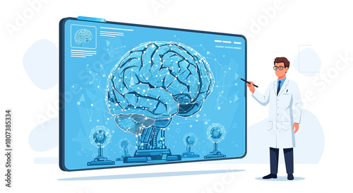 Doctor Explaining Human Brain Diagram on Screen representing neurological research and artificial