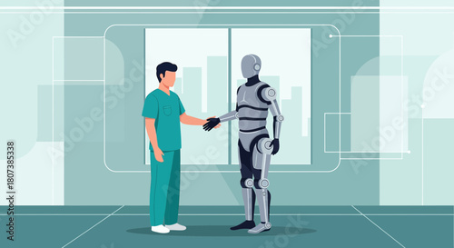Doctor shaking hands with a futuristic robot in a modern medical facility illustration