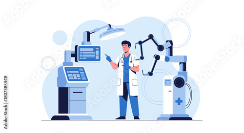 Doctor using robotic surgery system, illustration of advanced medical technology solutions