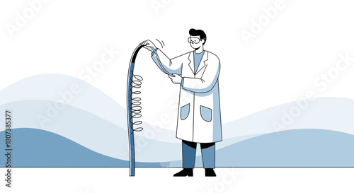 Drawn scientist examining a complex coil in a lab, highlighting technological innovation and