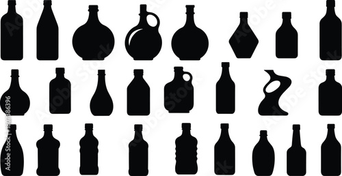 Bottle silhouette, packaging design, black shapes, product container, diverse bottles, artistic outline, shape variety, visual reference, branding concept, form study