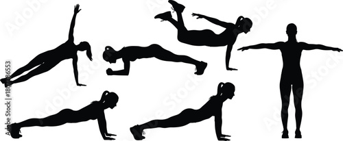 Bodyweight exercise silhouettes, plank pose, push-up, fitness routine, black figures, white background, core workout, strength training, minimal fitness art