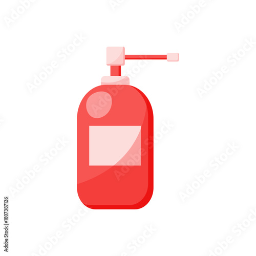 Medical red bottle spray isolated on transparent background. Bottle for spray . Medical treatment and therapy. Medical tools. Single item. Cartoon flat style. Simple icon.  Vector illustration.