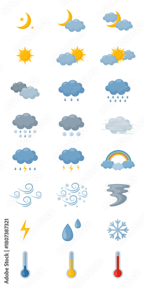 Fototapeta premium Cute cartoon weather icons collection isolated on transparent background.Moon, stars, sun, clouds, rain, snow, wind, rainbow, lightning, temperature.Elements for weather forecas.Vector illustration.