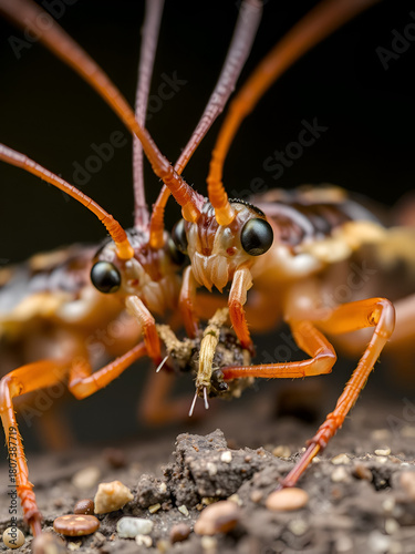 Closeup of Earwigs Feeding: Omnivorous Arthropod with Distinct Antennae and Compound Eyes in Action