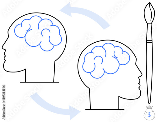 Two human heads with brains connected by arrows indicating idea flow. Paintbrush suggests creativity and innovation. Ideal for creativity, innovation, brainstorming, communication, business