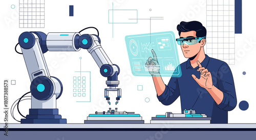 Futuristic engineer interfaces with robotic arm through innovative touch screen technology