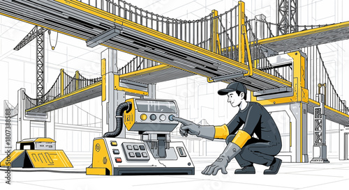 Futuristic construction site featuring a modern bridge under construction and technology integration