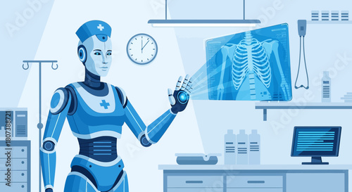 Futuristic healthcare assistant robot analyzing x-ray with advanced scanning technology in modern