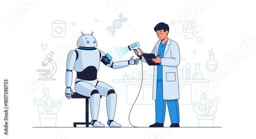 Futuristic healthcare doctor examining robot artificial intelligence with modern technology vector