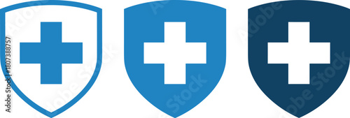 Set of blue shield vector icons with white medical crosses, symbolizing health protection, security, insurance, medical safety, and healthcare assurance.