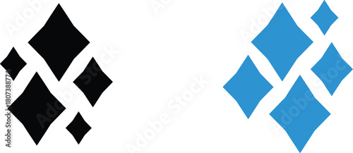 Stylized vector collection of abstract diamond and rhombus shapes in black and blue, symbolizing luxury, quality, treasure, wealth, and data grouping.