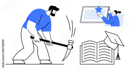 Man mining with pickaxe beside an open book with graduation cap and woman approving achievements on a screen. Ideal for education, learning, achievement, effort, hard work, goals, success metaphor