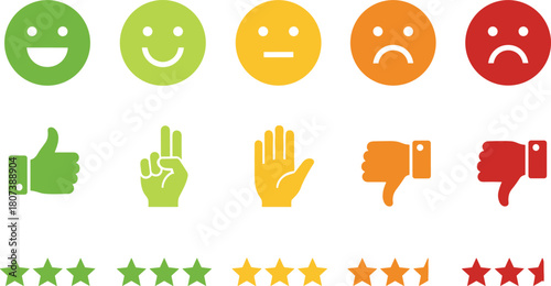 Vector rating system set with colorful emojis, thumbs-up gestures, and star icons, symbolizing customer feedback, service quality, and satisfaction survey.