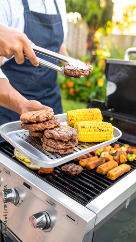 Chef Grilling Steak and Vegetables on Gas Grill
