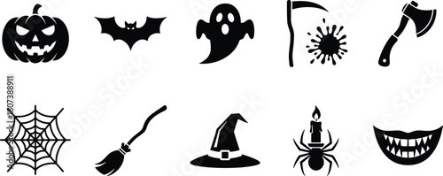 Vector set of black silhouette Halloween icons, including pumpkin, ghost, witch hat, bat, and scary elements for seasonal graphic design.