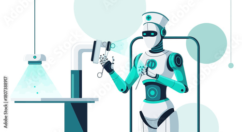 Futuristic healthcare with robotic nurse performing surgery with precision and clean lines