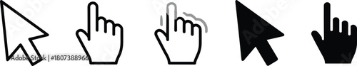 Vector set of computer mouse pointer, hand click, and double tap cursors for web design, interface development, interaction, and digital navigation.