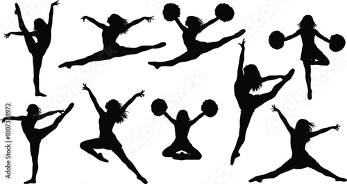 Cheerleader silhouettes, pom-poms, jumping, dancing, athletic poses, black figures, white background, energetic movement, sports spirit, team celebration, flexible motion