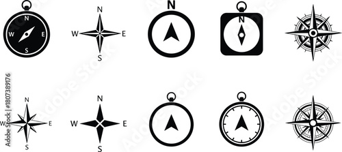 Vector set of various compass icons and wind roses in black silhouette, symbolizing navigation, direction, travel, exploration, and guidance.