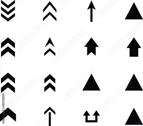 Vector set of various chevron and arrow icons for user interface design, scroll navigation, up, down, sorting, and geometric direction indicators.
